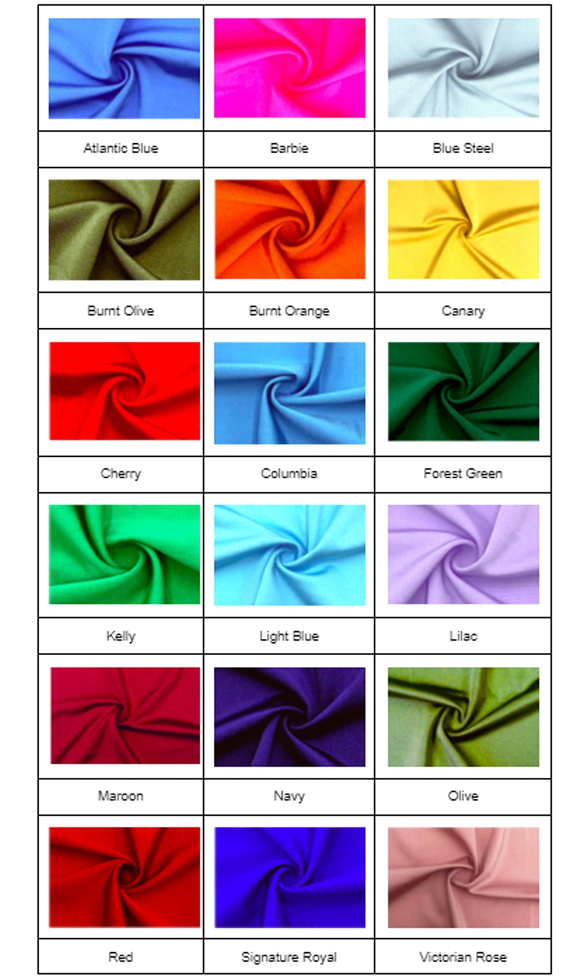 Explore a chart of 18 clearly labeled fabric swatches for the Atria Lace-Up Short Cut-Out Party Dress 6859S, featuring vibrant shades like Atlantic Blue, Barbie, Canary, Lilac, Maroon, Signature Royal, and more for easy color selection.